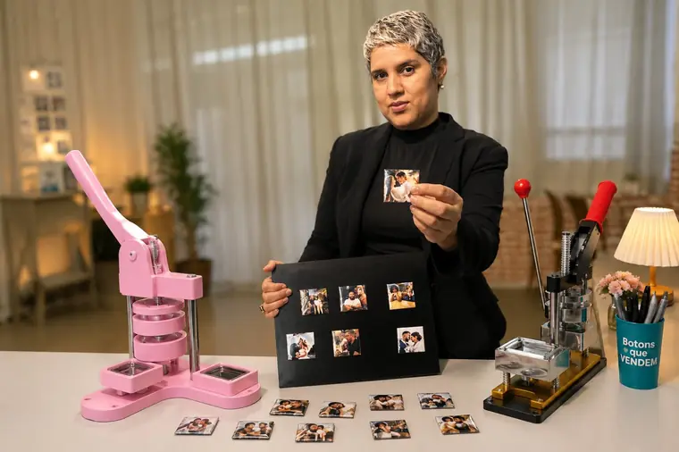 Aline segurando um boton, cercada de máquinas de botons