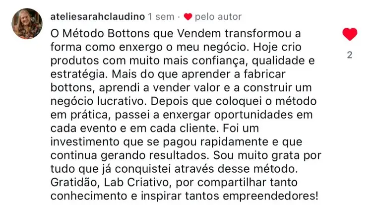 Depoimento de aluna do Método Botons que Vendem