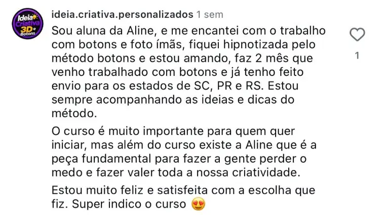 Depoimento de aluna do Método Botons que Vendem